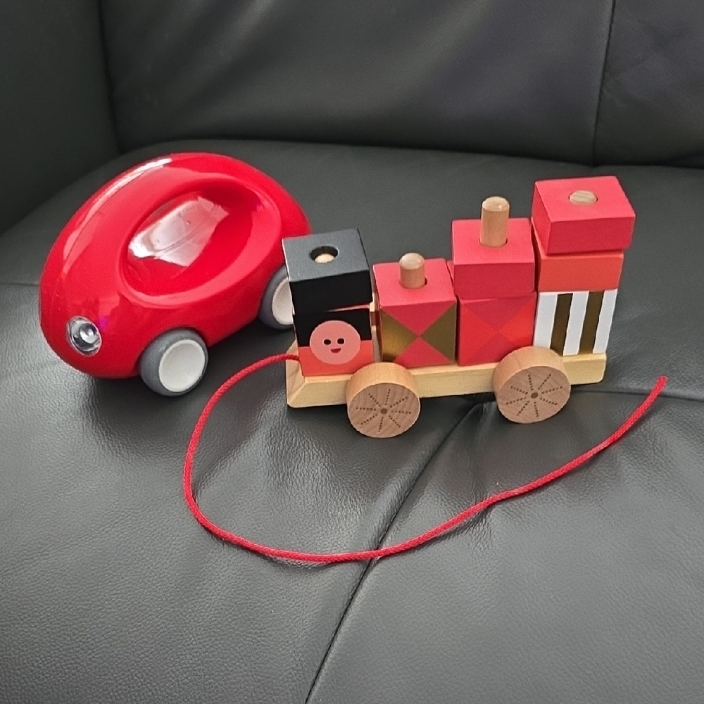 Set of 2, FAO Schwarz Pull Along Wooden Train and Red Push Go Car Toy Set